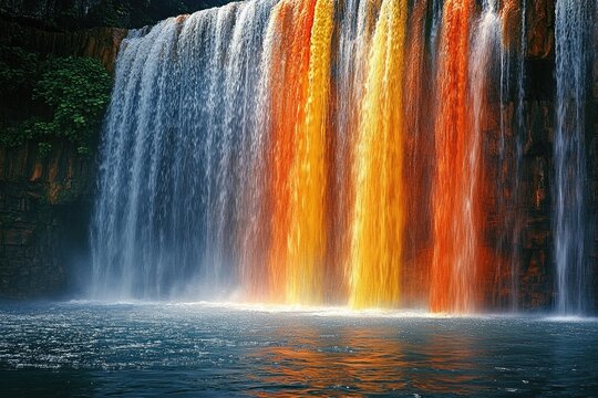 A mesmerizing waterfall displays vibrant orange and yellow hues against a backdrop of a rocky cliff and lush greenery.
