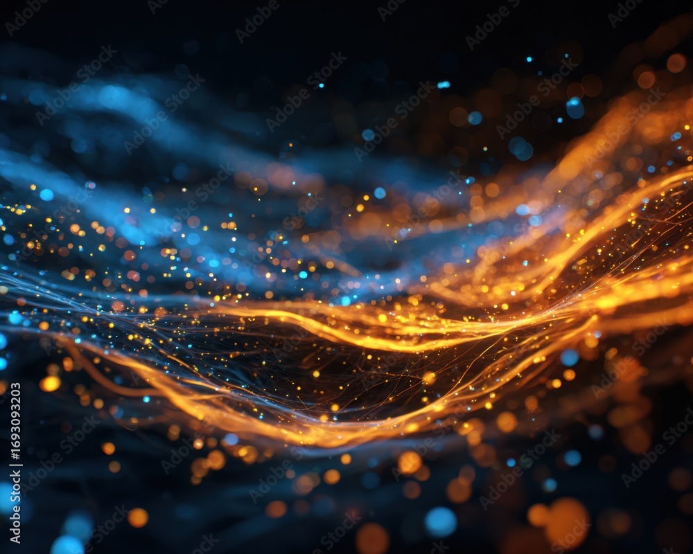 Poster dynamic abstract with glowing blue and orange light trails and particles over dark background
