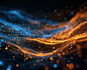 Obraz premium Dynamic abstract with glowing blue and orange light trails and particles over dark background