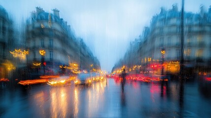 Rain-soaked city street at dusk with blurred motion and vibrant light trails