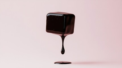 A Dark Chocolate Square with a Drip Suspended in Front of a Pink Backdrop