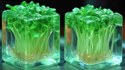 Greenery encased in transparent blocks showcasing a unique artistic botany perspective
