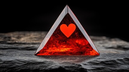 A heart-shaped emblem inside a geometric structure on a rugged, dark surface