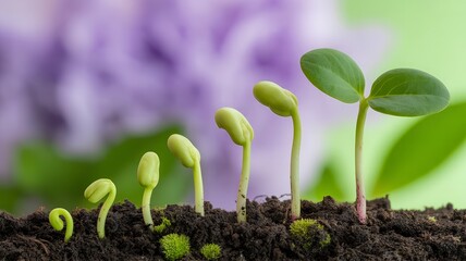 Botanical macro bean sprouts in dark soil with moss and lavender green gradient background, symbolizing organic farming, vitality, and sustainable growth