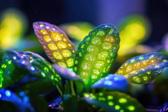 Close-up of vibrant, iridescent plant leaves glowing under colorful light.