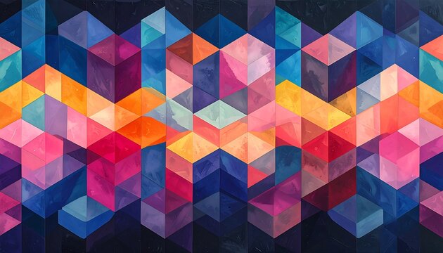 Abstract geometric pattern of vibrant, overlapping, 3D-like triangles