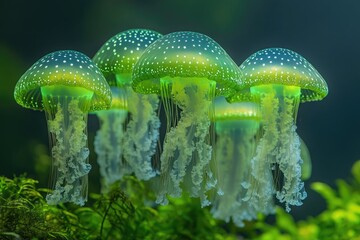 A mesmerizing cluster of vibrant green jellyfish, adorned with white spots, gracefully floats in an underwater scene.