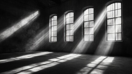 Rays of light cascade through arched windows illuminating empty urban abandoned space and creating