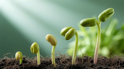 Bean sprouts emerging from fibrous dark soil with aqua pale green gradient background, symbolizing organic farming, vitality, and peaceful plant development