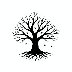 Vector art of bare tree silhouette, a stark representation of winters dormancy, with intricate branches and scattered falling leaves