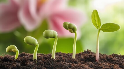 Close-up  bean sprouts in moist soil with pink green gradient background, symbolizing renewal, vitality, and uplifting organic plant growth