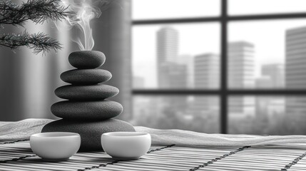 Serene Zen Still Life with Stone Tower, Tea Cups, and Urban Vista Offering Tranquil City Escape