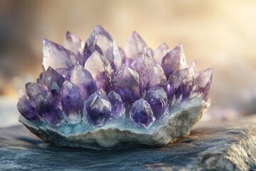 A cluster of vibrant purple amethyst crystals rests on a dark grey stone, bathed in soft sunlight.