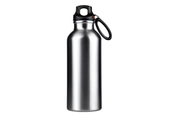 Stainless steel water bottle,  vertical view.  Features a  smooth,  reflective surface.  A black  lid and  carrying loop are visible