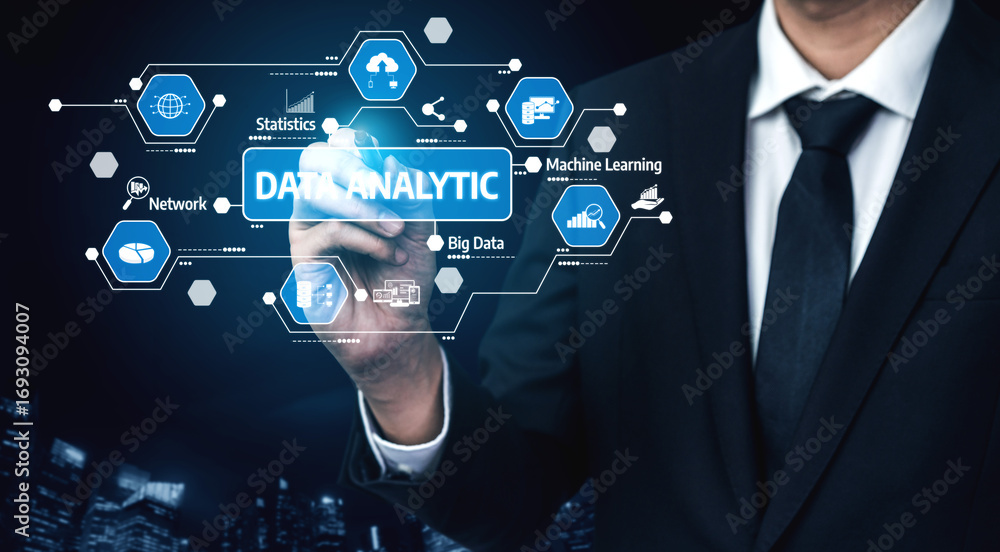 Aufkleber a business professional demonstrates data analytics concepts through virtual graphics, highlighting 