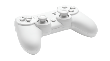 A white, 3D model of a game controller.  Rounded ergonomic design.  Multiple buttons and joysticks.  Clean, simple form.  Solid, matte finish