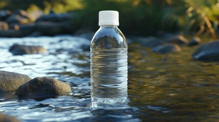 A clear water bottle rests in a flowing stream, surrounded by rocks and natural greenery,