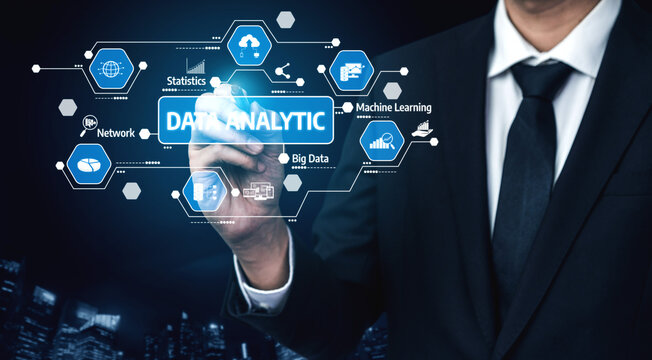 A business professional demonstrates data analytics concepts through virtual graphics, highlighting key areas like statistics, machine learning, and big data. Tessel