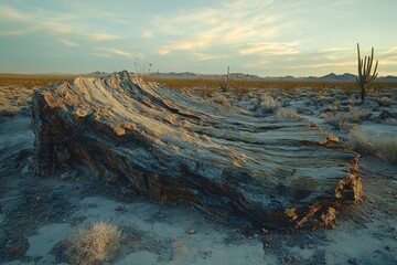 Fototapeta premium Petrified wood in a desert landscape at sunset, showing texture and layers of the ancient tree.