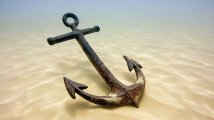 Underwater view of an antique anchor resting on a sandy sea floor with clear water