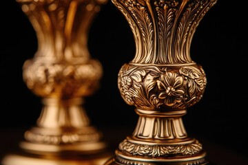 Close-up of two ornate golden vases, meticulously detailed with floral and leaf carvings, exuding luxury and elegance.