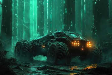 Futuristic vehicle traversing a bioluminescent forest at night, showcasing its rugged design and advanced technology.
