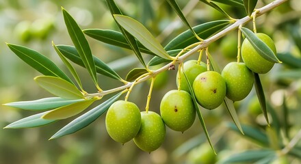 Fototapeta premium Green Olives on Branch with Leaves.