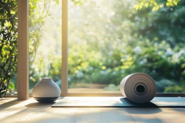 A serene home yoga space with essential oil diffuser and rolled-up mat near a sunlit window.