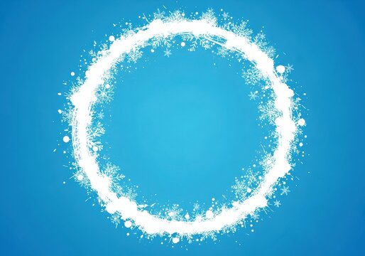 Abstract white snowflake circle frame on a bright blue winter background