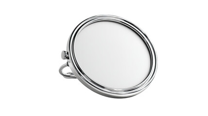 A round, handheld vanity mirror with a chrome frame