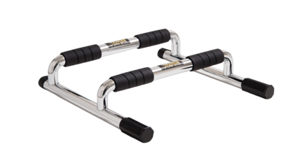 Chrome-plated exercise handles with black grips.  Two parallel,  tubular handles,  with  grip  sections.  A  flat  support  structure   connects  the  handles.