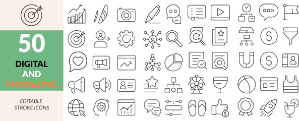 Digital Marketing Icon Set Editable Stroke with Target, Graph, Camera, Magnifying Glass, Funnel, Statistics, Analytics, Communication, and Business