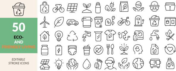 Eco-Friendly Living Icons Set Line Art Vector Illustration Sustainable Practices Environmentally Conscious Choices for a Better Future