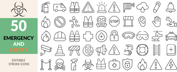 Collection of Emergency and Safety Icons Representing Various Hazards and Precautions for Preparedness Awareness and Response Planning