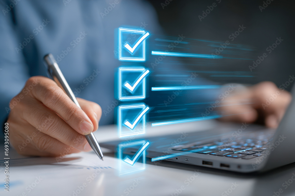 Poster person filling out checklist with pen while working on laptop featuring futuristic digital check mar