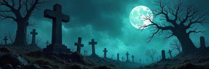 Fototapeta premium Eerie, atmospheric background with overgrown graveyard, skeletal trees, and a misty, moonlit sky Perfect for Halloween, horror, gothic, or mystery themes , texture, scary