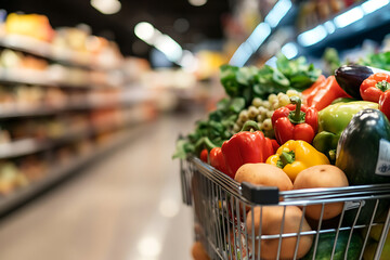 Obraz premium Shopping cart filled with colorful vegetables. Focus on fresh produce in a grocery store. Healthy eating choices, supermarket aisle. Bright and inviting.