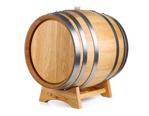 Wooden barrel on stand, light wood and metal bands