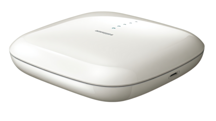 Square, off-white portable device with subtle glowing lights.  Compact, modern, and sleek.  Possible charging case or wireless device