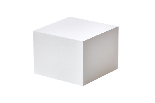 A solid, white cube, simple and geometric, sits against a black background