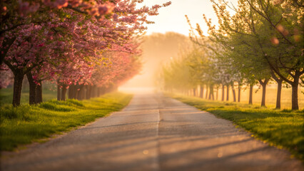 Scenic Road with Flowering Trees in Springtime