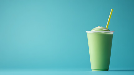 Refreshing green smoothie in a clear cup with a yellow straw against a cyan background. A tasty drink!