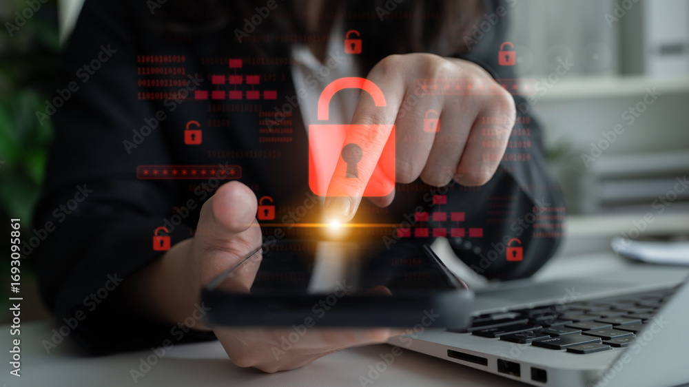 Poster digital security concept illustrating a cybersecurity breach, with a red unlocked padlock indicating