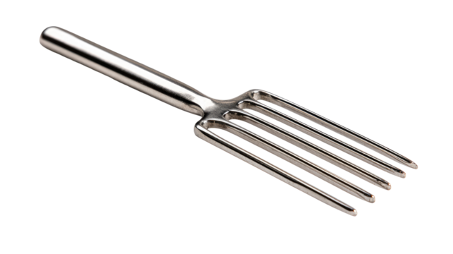A stainless steel tool with a long handle and four tines