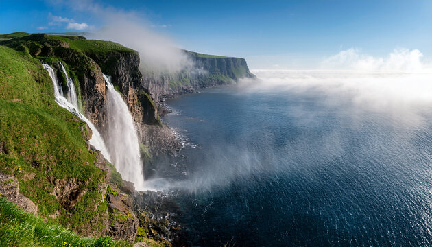 majestic waterfall cascading down rocky mountain cliff into the ocean misty scenery - Powered by Adobe