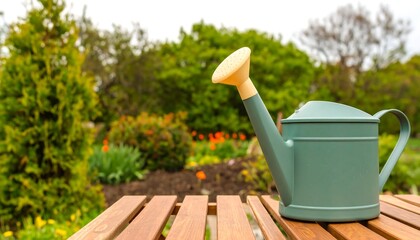Teal watering can on wooden garden table