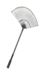 A stylized, white paper fan with a metal handle. The fan's sections radiate outward from a central point, creating a symmetrical design. The metal handle extends vertically from the fan's base