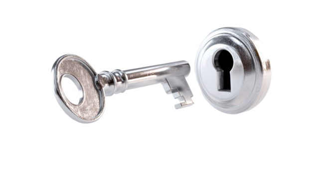 A chrome key and lock.  A metallic key sits next to its matching keyhole.  Close-up view.  Shiny surfaces