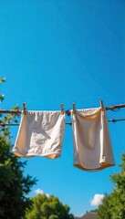 Freshly laundered clothes drying on a rustic wooden clothesline against a vibrant blue sky  A sunny summer day scene depicting simple, everyday life ,  simple,  fabric