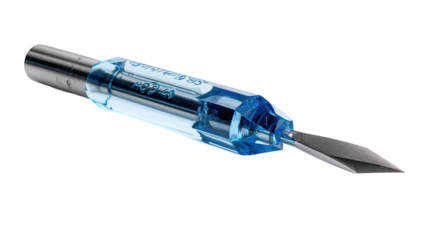 A precision tool, light blue plastic housing,  with a metal shaft, and a pointed tip